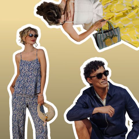 Drei stilvolle Menschen mit Sonnenbrillen und Sommeroutfits, die vor einem gelben Hintergrund mit Farbverlauf und weißen Umrissen stehen und sitzen.