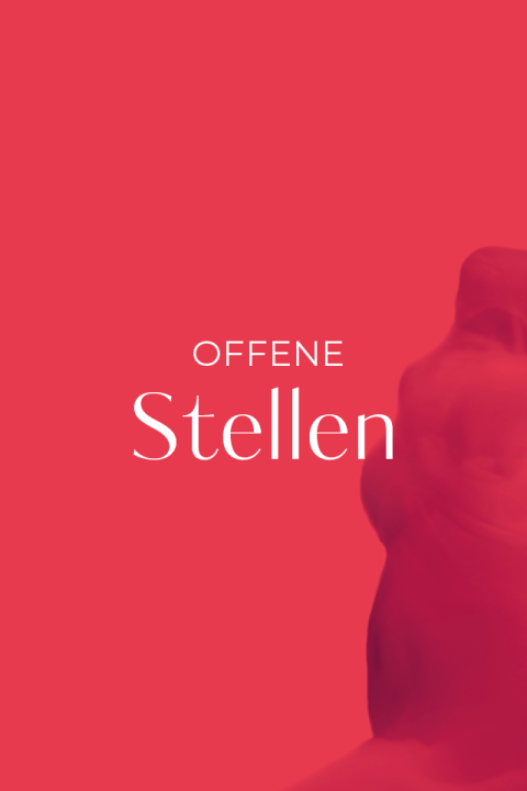 Text „OFFENE STELLEN“ auf rotem Hintergrund mit einer abstrakten Form in der unteren rechten Ecke.