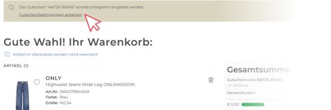 Screenshot eines Online-Einkaufswagens mit einer Bestätigungsmeldung, dass der Rabattcode "KATZS-JEANS" erfolgreich angewendet wurde, und einem Link zur Anzeige der Gutscheinbedingungen. Die Jeans sind im Warenkorb aufgeführt.