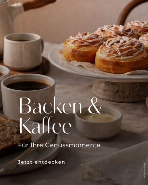 Zimtbrötchen, Kaffee und Brot auf einem Tisch mit weißem Tischtuch; deutscher Text, der für das Backen und Kaffeegenuss wirbt.