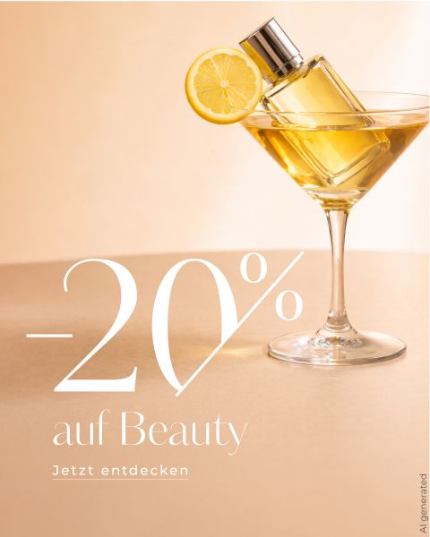 Ein Martiniglas mit gelber Flüssigkeit und einer Parfümflasche, garniert mit einer Zitronenscheibe. Text: "-20% auf Beauty. Jetzt entdecken.