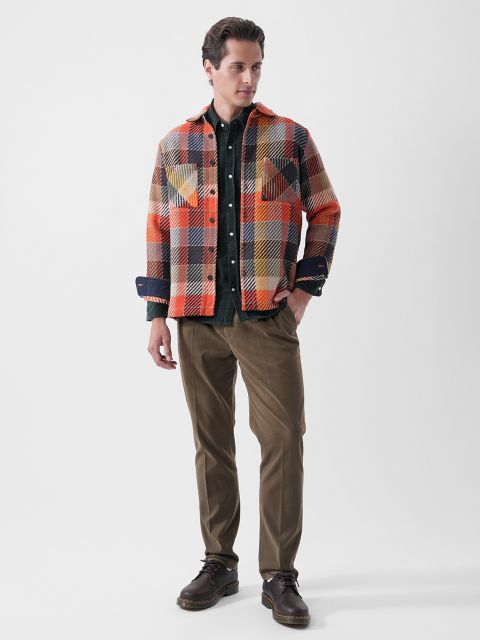Ein Mann in braunen Hosen, einem dunklen Hemd und einer rot-orange-gelb karierten Jacke, der vor einem schlichten weißen Hintergrund zur Seite blickt.