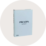 Ein Buch mit dem Titel „Prada Catwalk“ und hellblauem Einband steht aufrecht. Der Titel ist in fetten schwarzen Buchstaben in der Mitte gedruckt, und in der unteren Ecke ist „Thames & Hudson“ vermerkt.