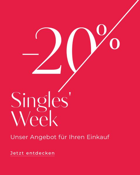 Rote Werbegrafik mit weißem Text, die den Rabatt "-20% Singles' Week" anbietet. Untertext auf Deutsch: "Unser Angebot für Ihren Einkauf" und "Jetzt entdecken".