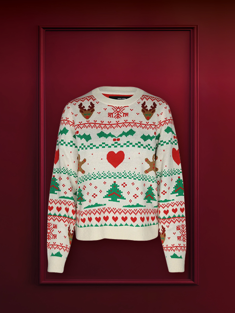 Ein festlicher Weihnachtspullover mit Rentiermotiv, einer roten Bommelnase und einem rot-weiß gemusterten Schal auf dunkelrotem Hintergrund. Oben ist der Text „UGLY CHRISTMAS“ zu sehen.