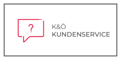 Eine Sprechblase mit einem Fragezeichen neben dem Text "K&Ö KUNDENSERVICE" auf einem weißen Hintergrund mit einem dünnen schwarzen Rand.