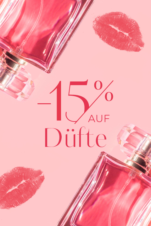 Ein rosa Werbebild mit zwei Parfümflaschen, rosa Lippenstiftabdrücken und dem Text „-15% auf Düfte“, der auf einen Rabatt von 15 % auf Düfte hinweist. Der Hintergrund ist in zartem Rosa gehalten und sorgt für einen femininen und eleganten Look.