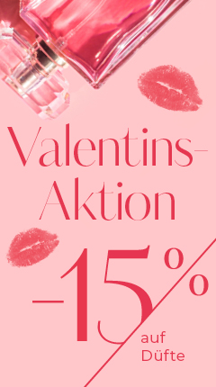 Werbebild zum Valentinstag mit einem rosa Hintergrund, einer Parfümflasche und Lippenstiftspuren. Der Text lautet „Valentins-Aktion -15 % auf Düfte“, was auf einen Rabatt von 15 % auf Düfte hinweist.