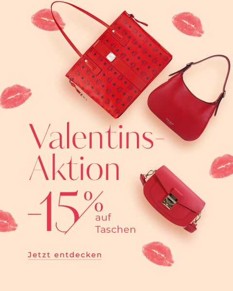 Ein Werbebild mit drei roten Handtaschen auf hellem Hintergrund mit Lippenstift-Kussspuren. Deutscher Text: „Valentins-Aktion -15 % auf Taschen. Jetzt entdecken“, Werbung für 15 % Rabatt auf Taschen zum Valentinstag.