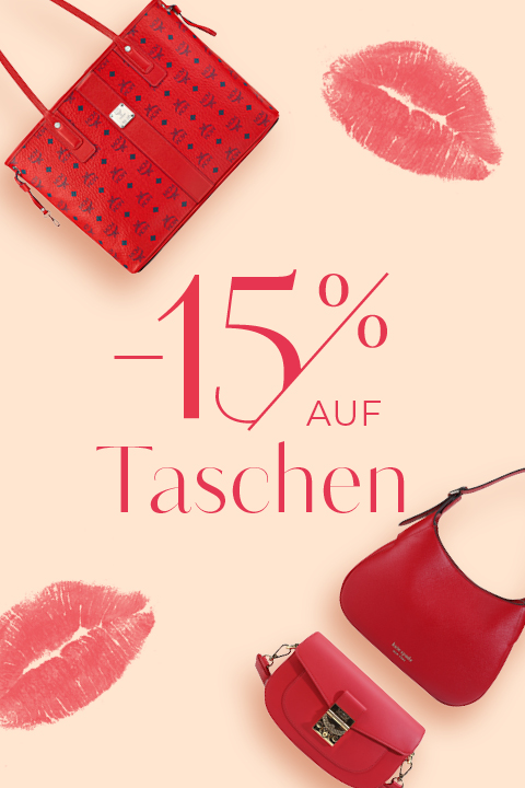 Werbebild mit dem Text „-15% auf Taschen“ mit drei roten Handtaschen und Lippenstiftabdrücken auf beigem Hintergrund.