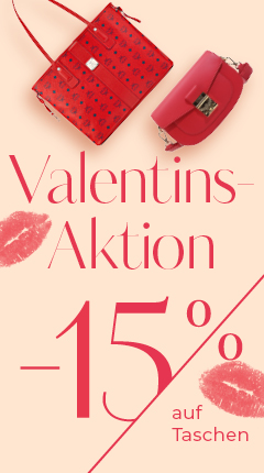 Ein Werbebild auf Deutsch für einen Valentinstagsverkauf mit zwei roten Handtaschen auf beigem Hintergrund. Der Text lautet „Valentins-Aktion -15 % auf Taschen“ mit Lippenstiftabdrücken auf dem Design.