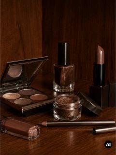Eine Auswahl an Make-up-Produkten in Brauntönen, darunter Lidschatten, Lippenstift, Nagellack, Lipgloss, Kajalstift und loser Pigmentpuder, auf einer Holzunterlage.