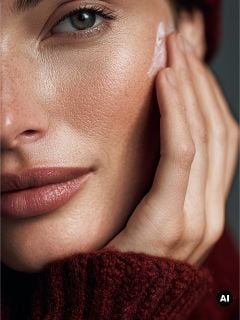 Eine Nahaufnahme einer Frau, die sich Creme auf die Wange aufträgt und einen roten Pullover sowie eine Mütze trägt. Ihre Haut sieht glatt und gepflegt aus.