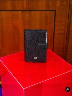 Eine schwarze Lederbrieftasche steht aufrecht auf einem glänzenden roten Würfel, vor einem hölzernen Hintergrund und mit einem „AI“-Symbol in der rechten unteren Ecke.