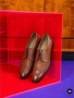 Ein Paar braune Leder-Anzugschuhe, präsentiert in einer rosa durchsichtigen Schachtel auf einem violetten Untergrund.