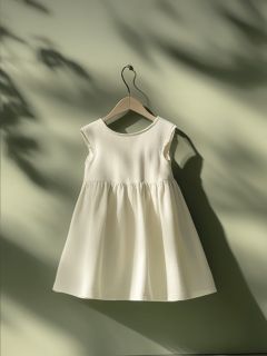 Ein einfaches, ärmelloses weißes Kleid für ein Kind hängt auf einem hölzernen Kleiderbügel vor einer blassgrünen Wand, wobei das sanfte Sonnenlicht und die Schatten der Blätter eine sanfte, ruhige Atmosphäre schaffen.