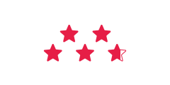 Fünf Sterne in einer Reihe auf weißem Hintergrund, wobei vier Sterne vollständig rot ausgefüllt sind und der fünfte Stern rechts rot umrandet, aber nicht ausgefüllt ist.