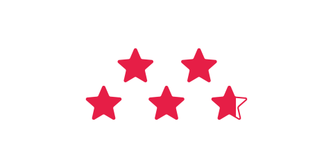 Fünf Sterne in einer Reihe auf weißem Hintergrund, wobei vier Sterne vollständig rot ausgefüllt sind und der fünfte Stern rechts rot umrandet, aber nicht ausgefüllt ist.