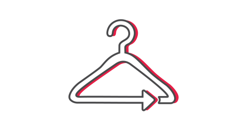 Eine minimalistische Zeichnung eines Kleiderbügels, schwarz umrandet mit einem roten Schatten. Am unteren Ende des Bügels befindet sich ein Pfeil, der nach rechts zeigt und in die Form des Bügels integriert ist. Der Hintergrund ist weiß.