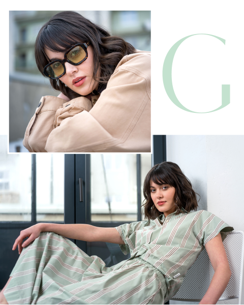 Frau mit gewelltem braunem Haar, die in der Nahaufnahme eine Sonnenbrille und eine beigefarbene Jacke trägt; auf dem zweiten Bild sitzt sie in einem gestreiften grünen Kleid.