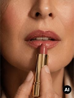 Eine Frau trägt rosa Lippenstift auf, wobei sie eine goldene Lippenstifthülse dicht an ihren Mund hält.