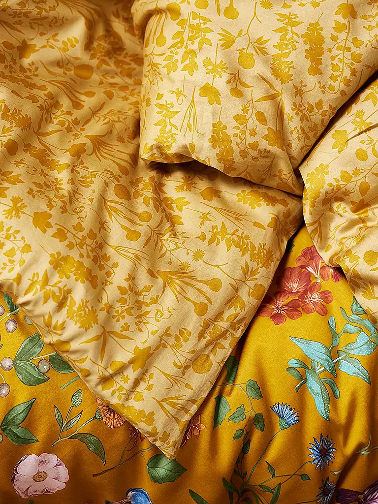 ESSENZA | Satin-Bettwäsche MARIGOLD 70x90cm/140x200cm Flower Ochre | petrol