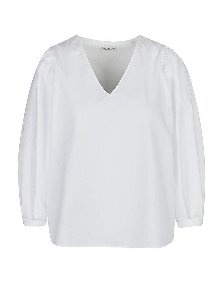 Artikel klicken und genauer betrachten! - Damen Bluse aus reiner Bio-Baumwolle V-Ausschnitt Langarm Puffärmel Unifarben Gerade Passform Farbbezeichnung: White Material: 100% Bio-Baumwolle | im Online Shop kaufen